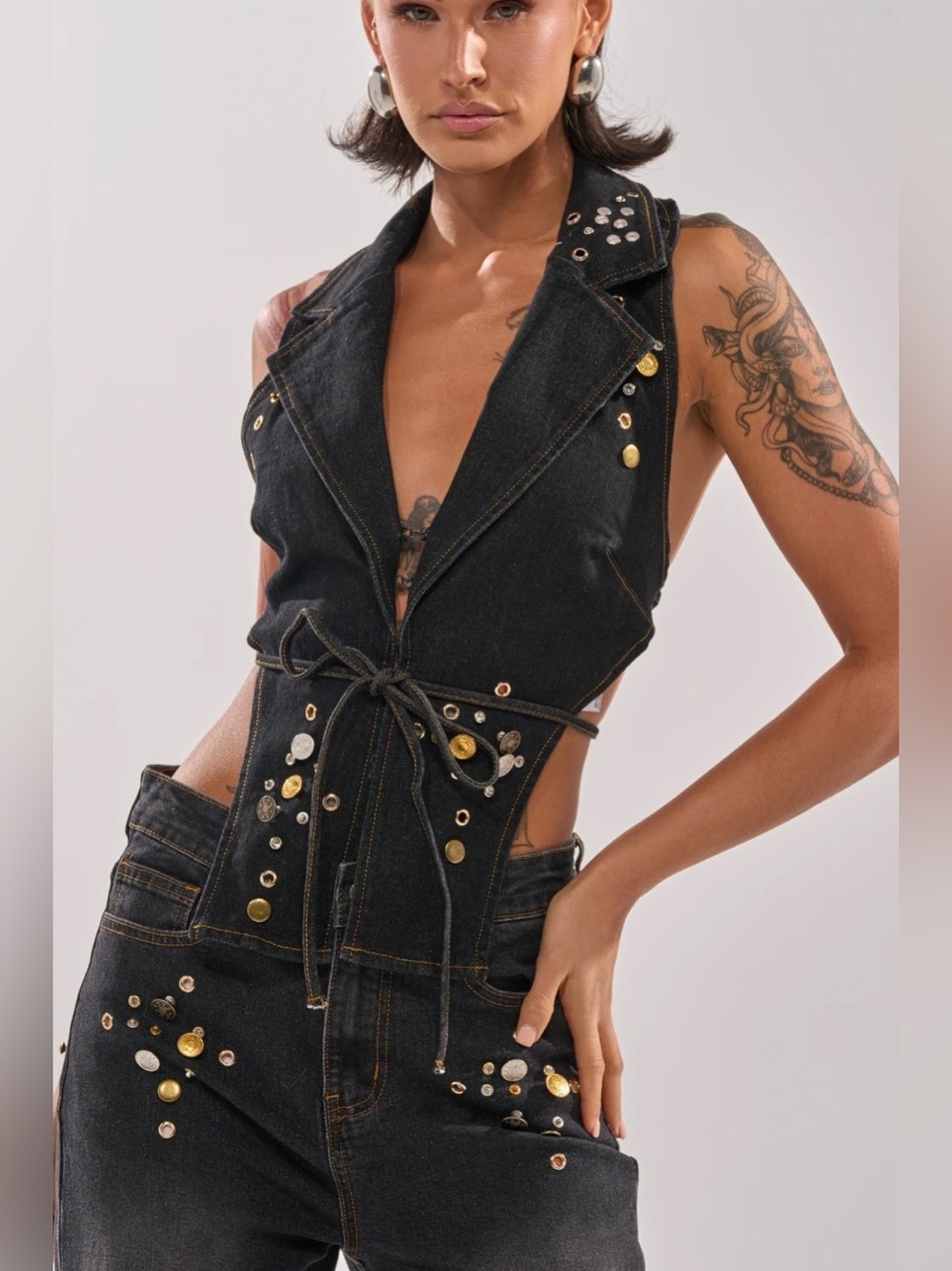 NWT AKIRA Black button Stud-Embellished denim Vest size XL